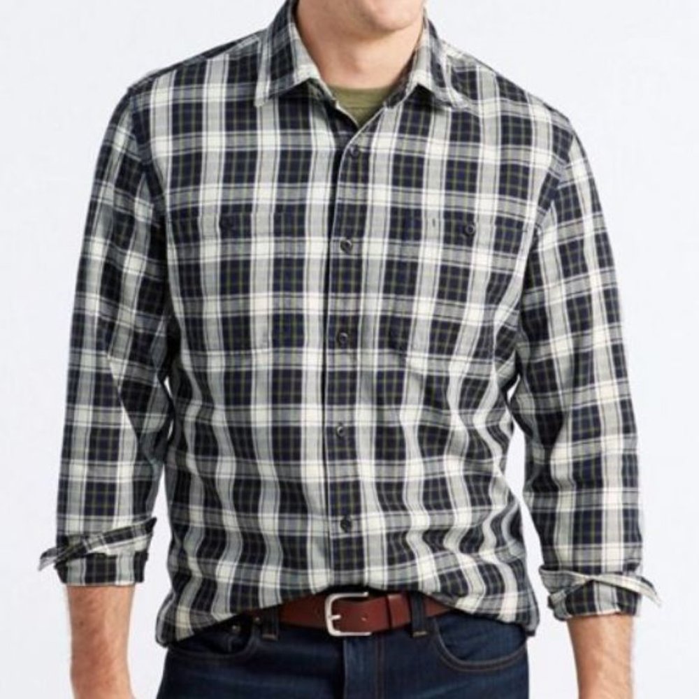 L.L.Bean Men's Indigo Denim Shirt, Slightly Fitted Plaid - Button up Size S